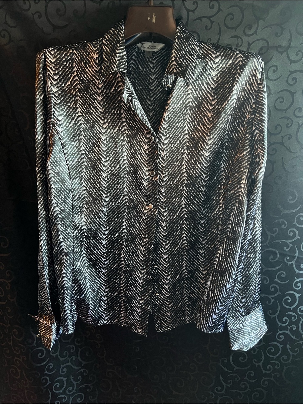 Silky Black & White Patterned Button-Front Blouse